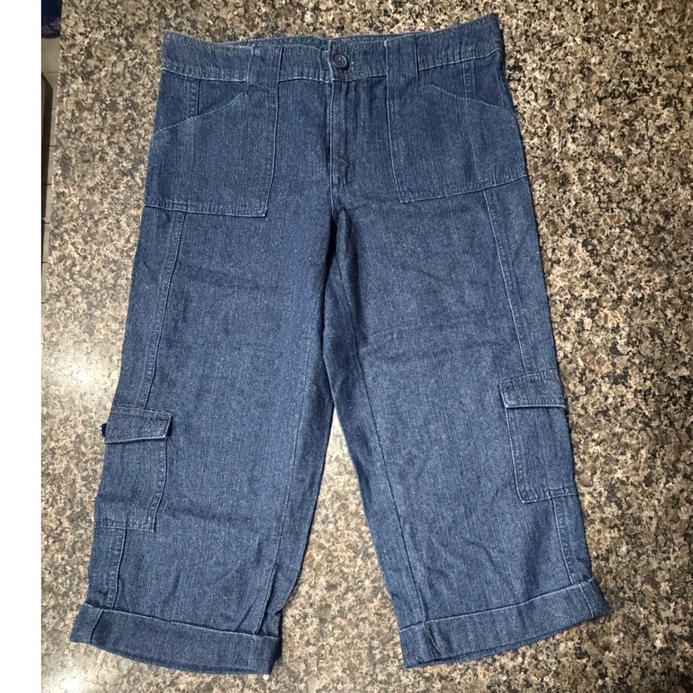 Living Planet Womens Blue Cotton Denim Cargo Capri Pants Size 8 Wide Leg Cropped